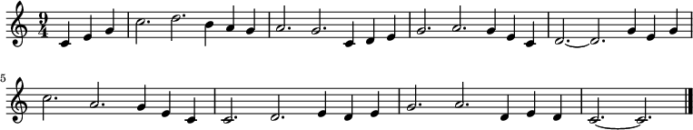 
 \relative c' {\set Staff.midiInstrument = #"oboe" \set Score.tempoHideNote = ##t \tempo 4 = 138
   \key c \major
   \time 9/4
  \partial 4*3 c4 e g
  c2. d b4 a g a2. g c,4 d e g2. a g4 e c d2. ~ d g4 e g
  c2. a g4 e c c2. d e4 d e g2. a d,4 e d c2. ~ c
  \bar "|."
  }
 